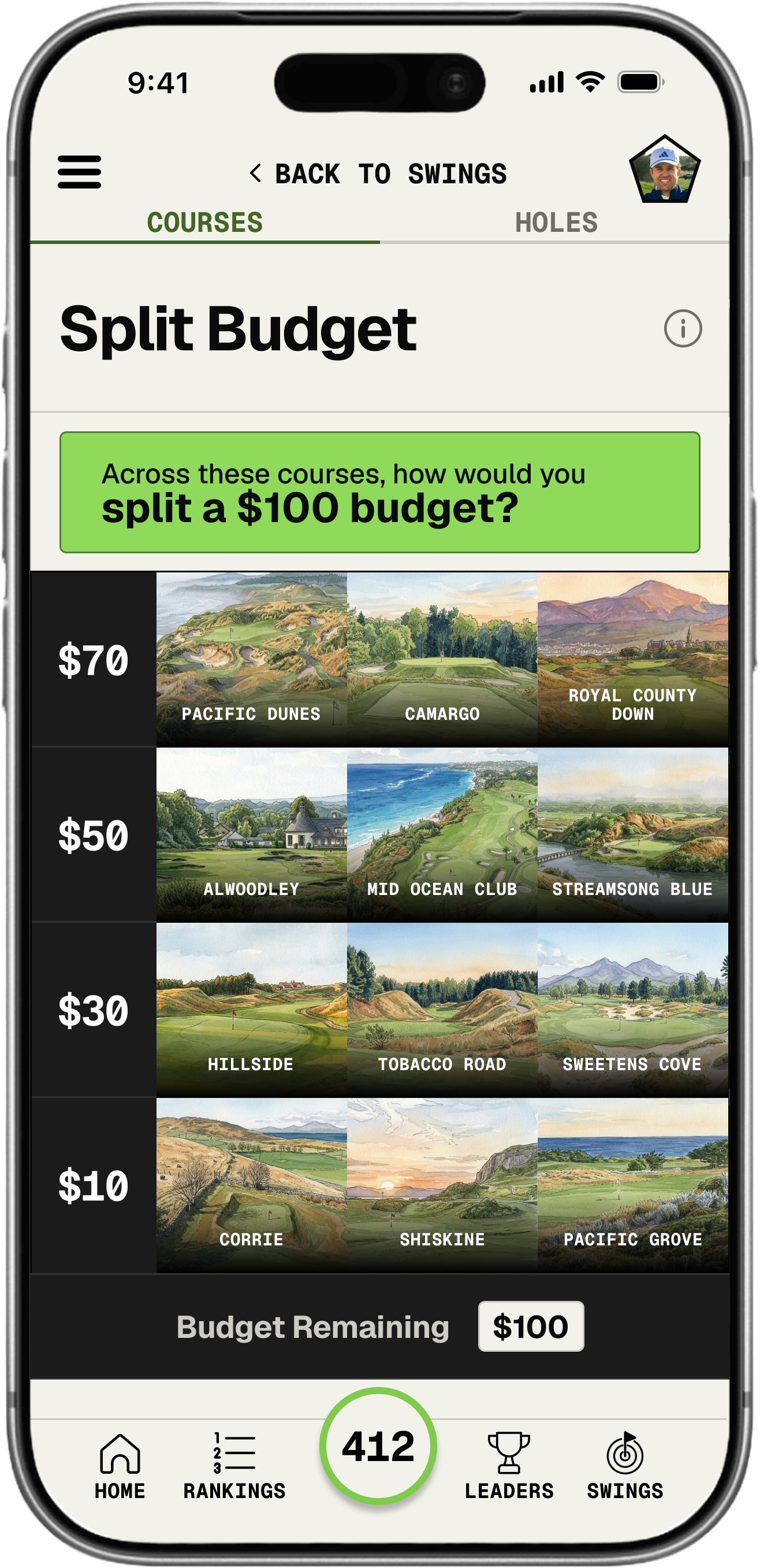 Split Budget Swing screen in the Alister app